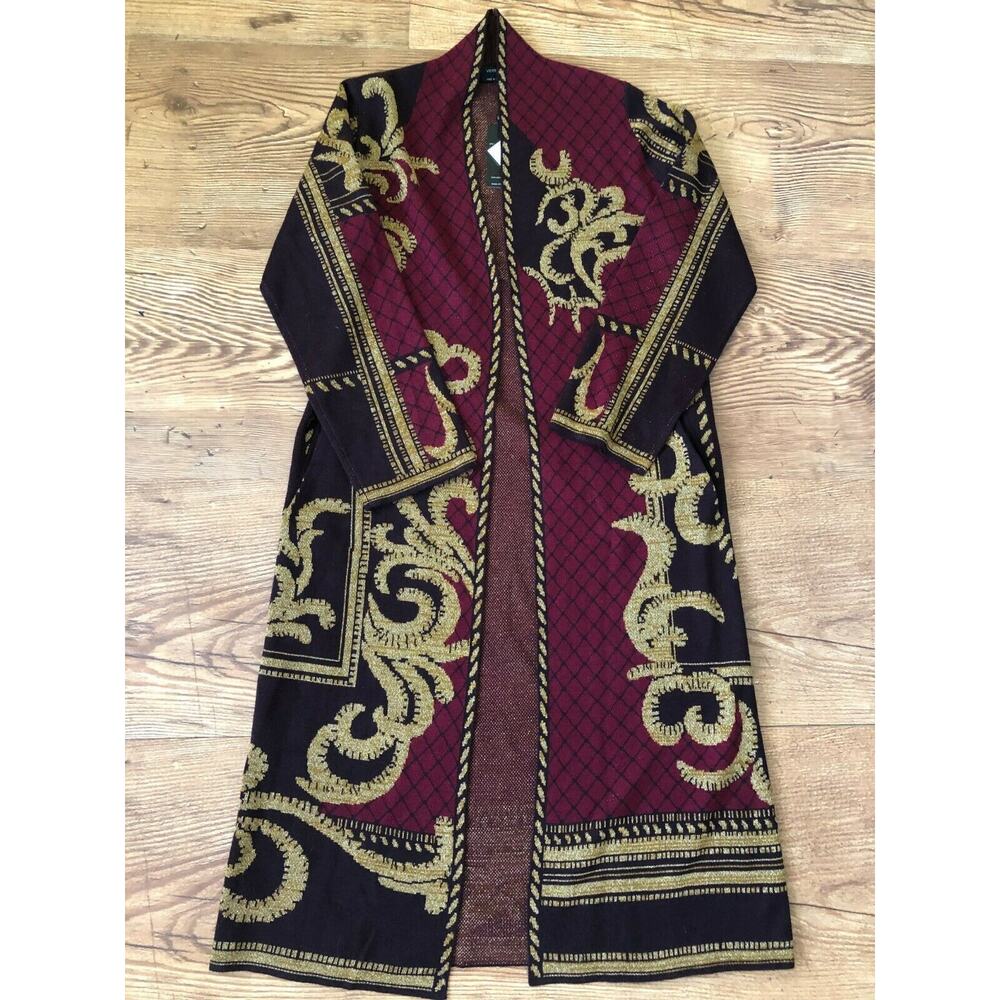 Vertigo Jacquard Black/Red/Gold Long Open Wool Blend Cardigan Sweater Size S NWT - Picture 10 of 11